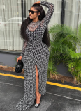 Black Sexy Print High Slit O Neck Long Dresses