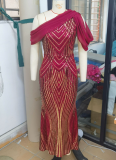 One-shoulder Chiffon Splicing Sequin Maxi Party Dress