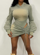 Green Sexy Solid Color Cross Straps Hooded Long Sleeve Two Pieces