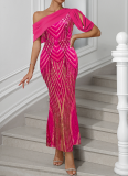 One-shoulder Chiffon Splicing Sequin Maxi Party Dress