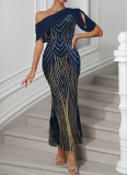 One-shoulder Chiffon Splicing Sequin Maxi Party Dress