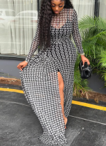 Black Sexy Print High Slit O Neck Long Dresses