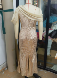 One-shoulder Chiffon Splicing Sequin Maxi Party Dress
