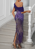 One-shoulder Chiffon Splicing Sequin Maxi Party Dress