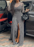 Black Sexy Print High Slit O Neck Long Dresses