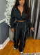 Casual Solid Color Zipper Turndown Collar Long Sleeve Two Pieces