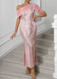 One-shoulder Chiffon Splicing Sequin Maxi Party Dress