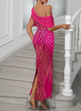 One-shoulder Chiffon Splicing Sequin Maxi Party Dress