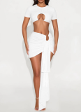 Metal Decorated Hollow-Neck Short-Sleeved Top with Ribbon Gathered Skirt Set