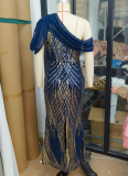 One-shoulder Chiffon Splicing Sequin Maxi Party Dress