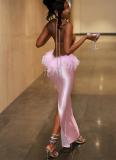 Pink Sexy Solid Color Backless Halter Long Dresses