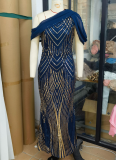 One-shoulder Chiffon Splicing Sequin Maxi Party Dress