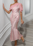 One-shoulder Chiffon Splicing Sequin Maxi Party Dress