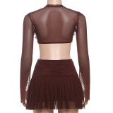 Brown Sexy Solid Color See-Through Mesh O Neck Mesh Dresses