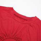 Metal Decorated Hollow-Neck Short-Sleeved Top with Ribbon Gathered Skirt Set