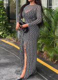 Black Sexy Print High Slit O Neck Long Dresses