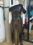 One-shoulder Chiffon Splicing Sequin Maxi Party Dress