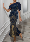 One-shoulder Chiffon Splicing Sequin Maxi Party Dress