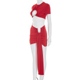 Metal Decorated Hollow-Neck Short-Sleeved Top with Ribbon Gathered Skirt Set