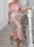 One-shoulder Chiffon Splicing Sequin Maxi Party Dress