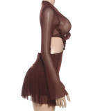 Brown Sexy Solid Color See-Through Mesh O Neck Mesh Dresses