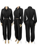 Casual Solid Color Zipper Turndown Collar Long Sleeve Two Pieces