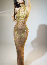 Luxury Hot Diamond Mesh See-through Birthday Party Dress Long Dress