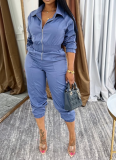 Fashion Waist lLapel Metal Zipper Multi-pocket Work Jumpsuit