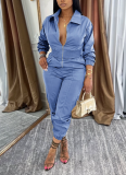 Fashion Waist lLapel Metal Zipper Multi-pocket Work Jumpsuit