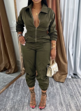 Fashion Waist lLapel Metal Zipper Multi-pocket Work Jumpsuit