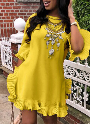 Fashionable Sweet Ruffle Design Solid Color Mini Dress