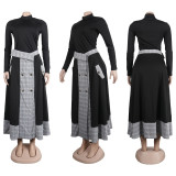 Slim-fit Long-sleeved High-neck Plaid Slit Midi Skirt Two-piece Set
