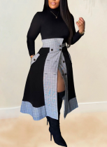 Slim-fit Long-sleeved High-neck Plaid Slit Midi Skirt Two-piece Set