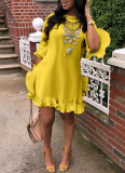 Fashionable Sweet Ruffle Design Solid Color Mini Dress