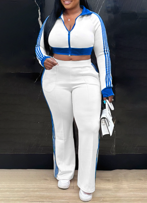 Casual Contrast Color Zippered Crop Top and Hip-hugging Casual Pants Set