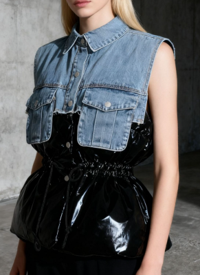 Casual Patchwork Turndown Collar Drawstring Denim Puffer Vest