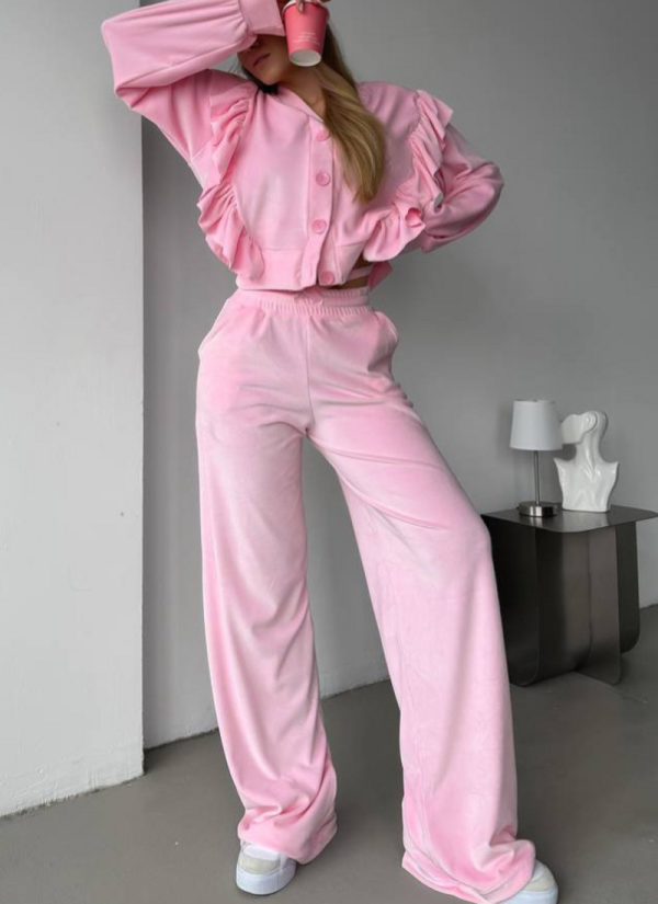New Retro Velvet Ruffled Top and Trousers Two-piece Set