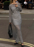 New One-shoulder Slim-fit Striped Long-sleeved Knitted Slit Long Dress