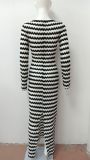 New One-shoulder Slim-fit Striped Long-sleeved Knitted Slit Long Dress