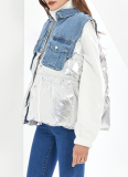 Casual Patchwork Turndown Collar Drawstring Denim Puffer Vest