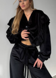 New Retro Velvet Ruffled Top and Trousers Two-piece Set