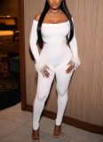 Sexy Solid Color Fluffy Off Shoulder Skinny Jumpsuits