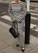 New One-shoulder Slim-fit Striped Long-sleeved Knitted Slit Long Dress