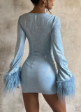 Sexy Deep V-neck Fur Sequined Long-sleeved Dress