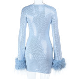 Sexy Deep V-neck Fur Sequined Long-sleeved Dress