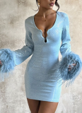 Sexy Deep V-neck Fur Sequined Long-sleeved Dress