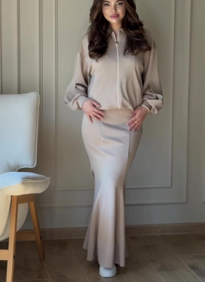 New Long-sleeved Cardigan Stand-up Collar Jacket Temperament Skirt Suit