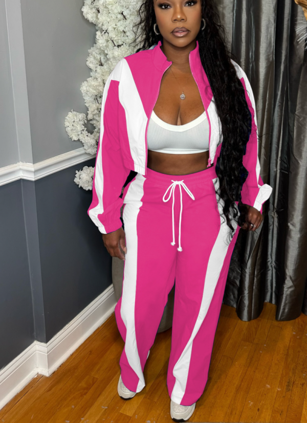 Casual Stripe Contrast Zipper Collar Long Sleeve Two Pieces