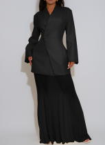 Elegant Solid Color Mesh V Neck Long Sleeve Two Pieces