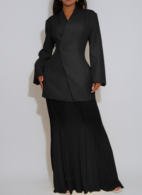 Elegant Solid Color Mesh V Neck Long Sleeve Two Pieces